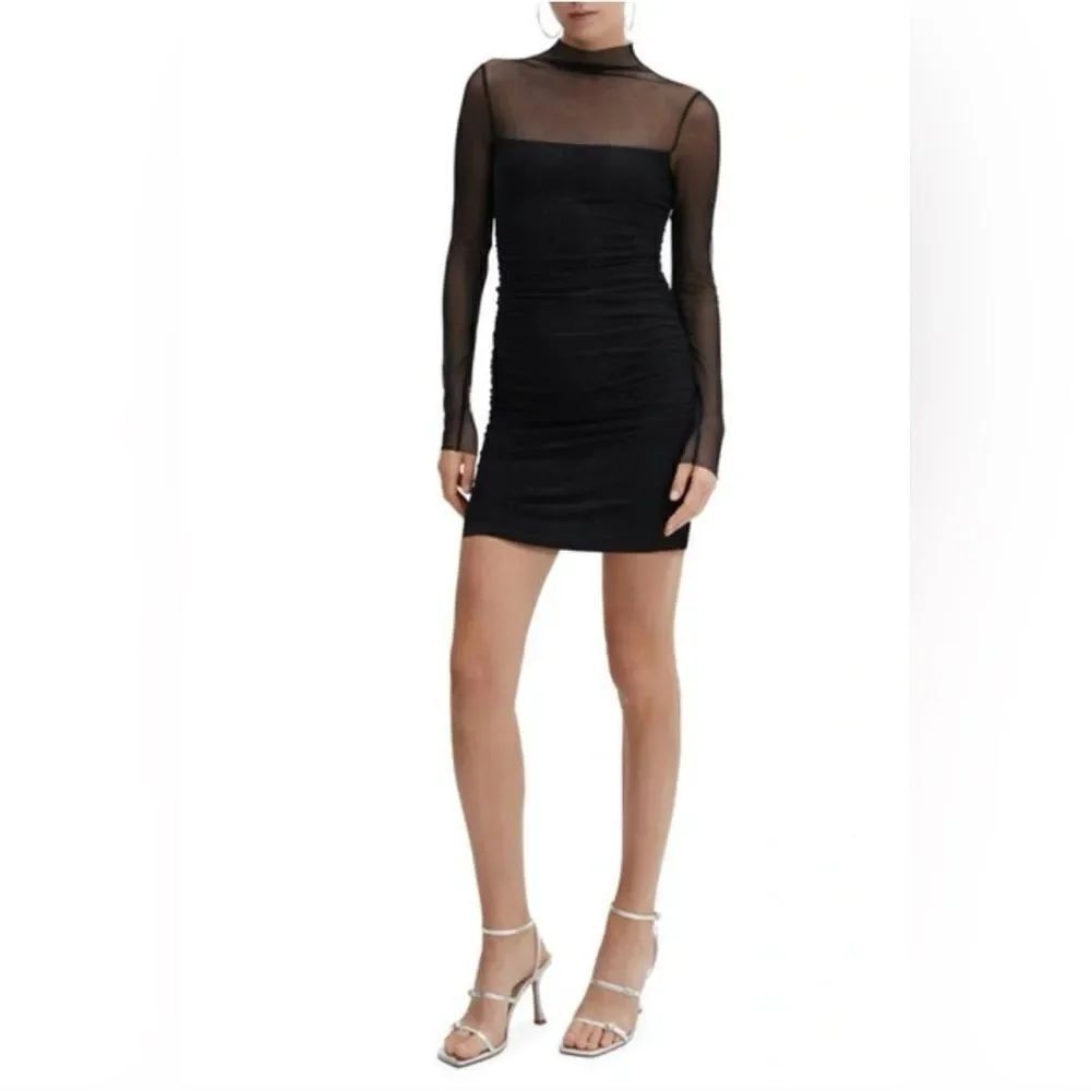 MNG By MANGO Dress Womens Size 6 Black Long Sleeve small Glitters Ruched Lined